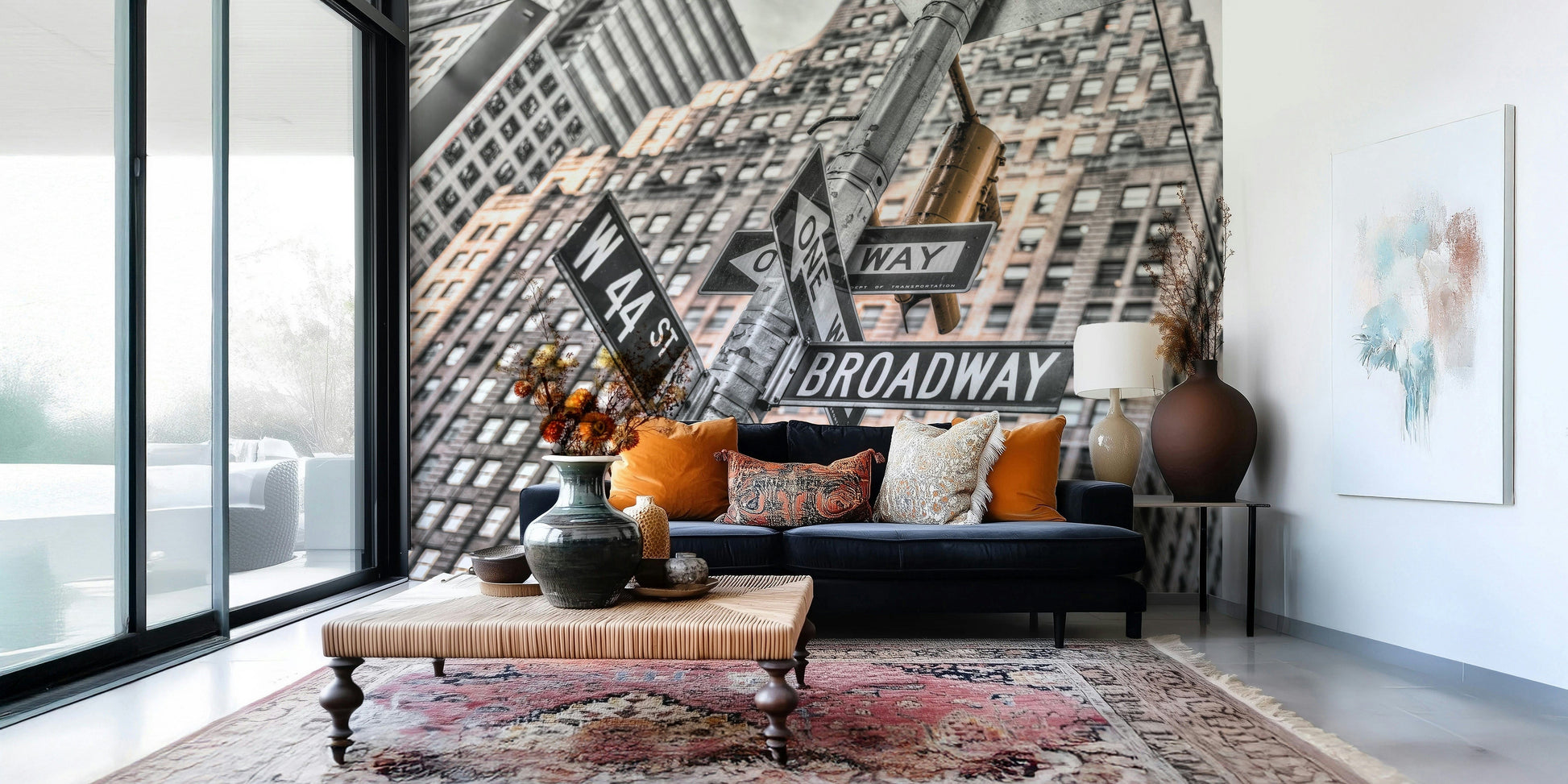 NYC street sign close-up, black and white with gold accents, Manhattan Crossroads.