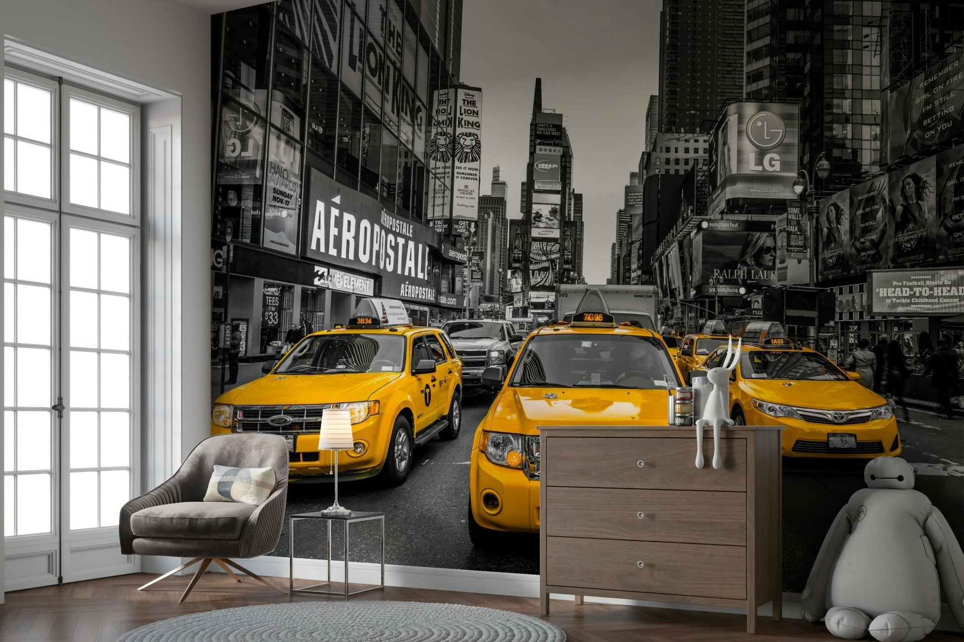 Times Square traffic scene with skyscrapers and taxis

