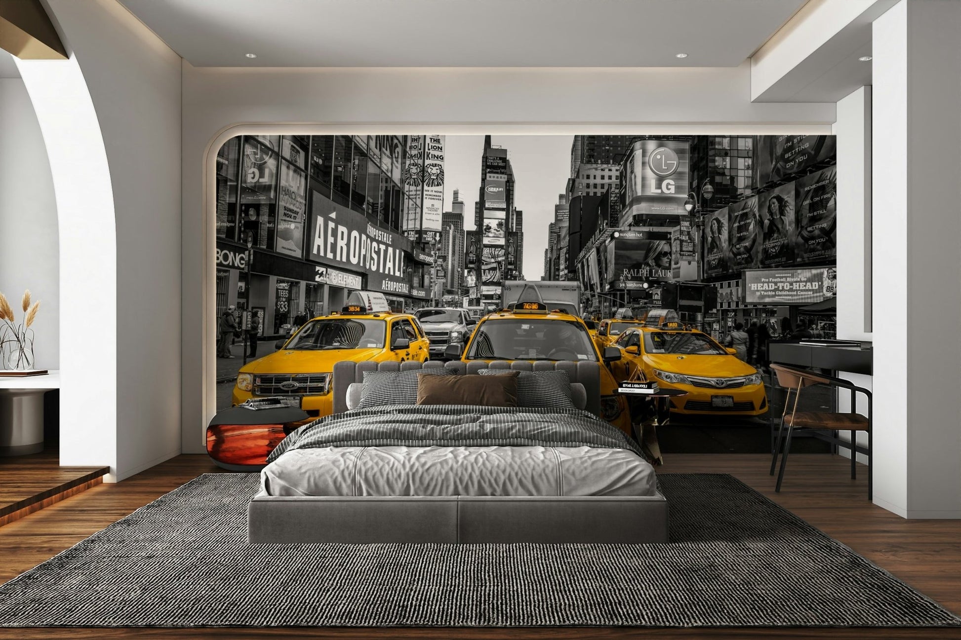 Yellow taxis adding a pop of color to the black-and-white background

