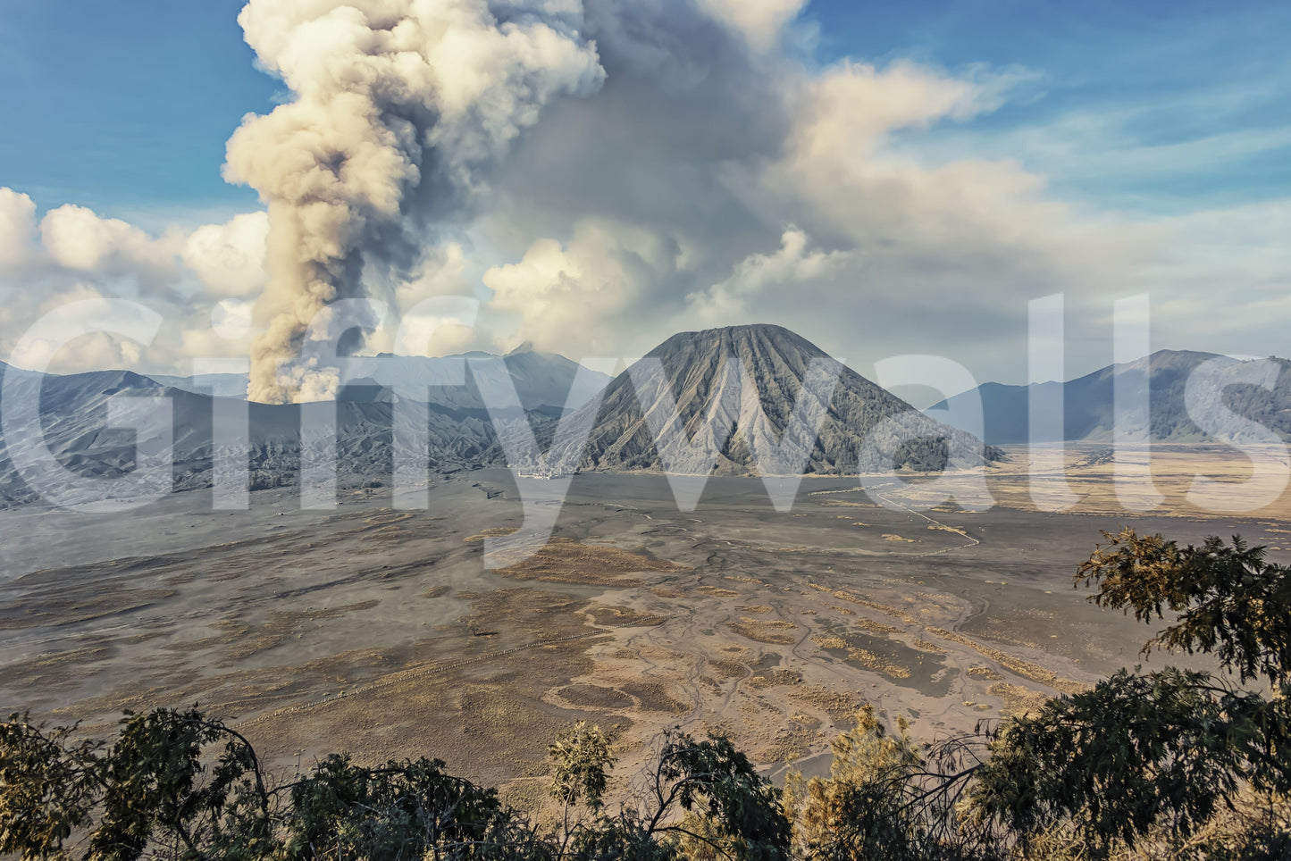 Powerful nature photography Mount Bromo Eruption wall mural design.