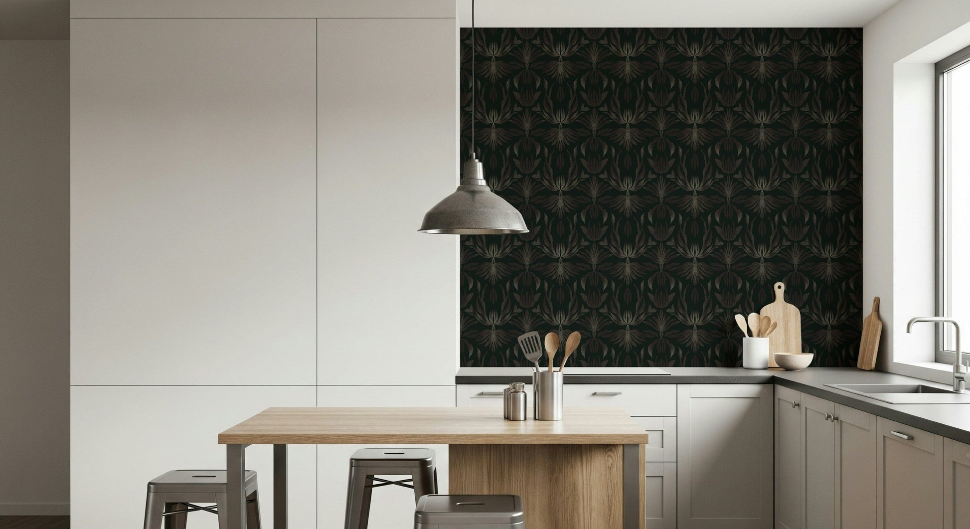 Metallic bronze floral wall covering with delicate, artistic flower patterns.