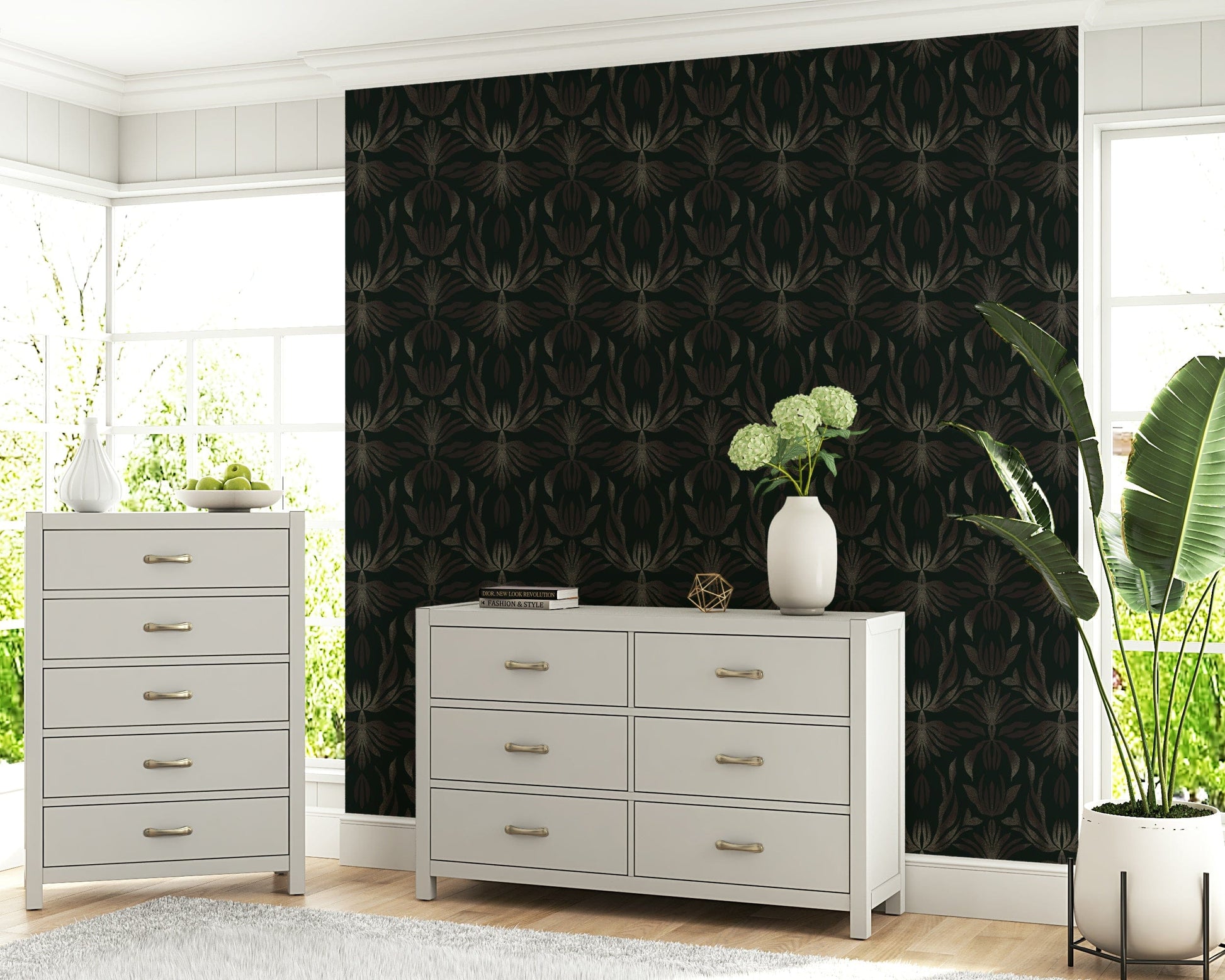 Floral wallpaper in warm bronze tones creating a dreamy, luxurious interior look.