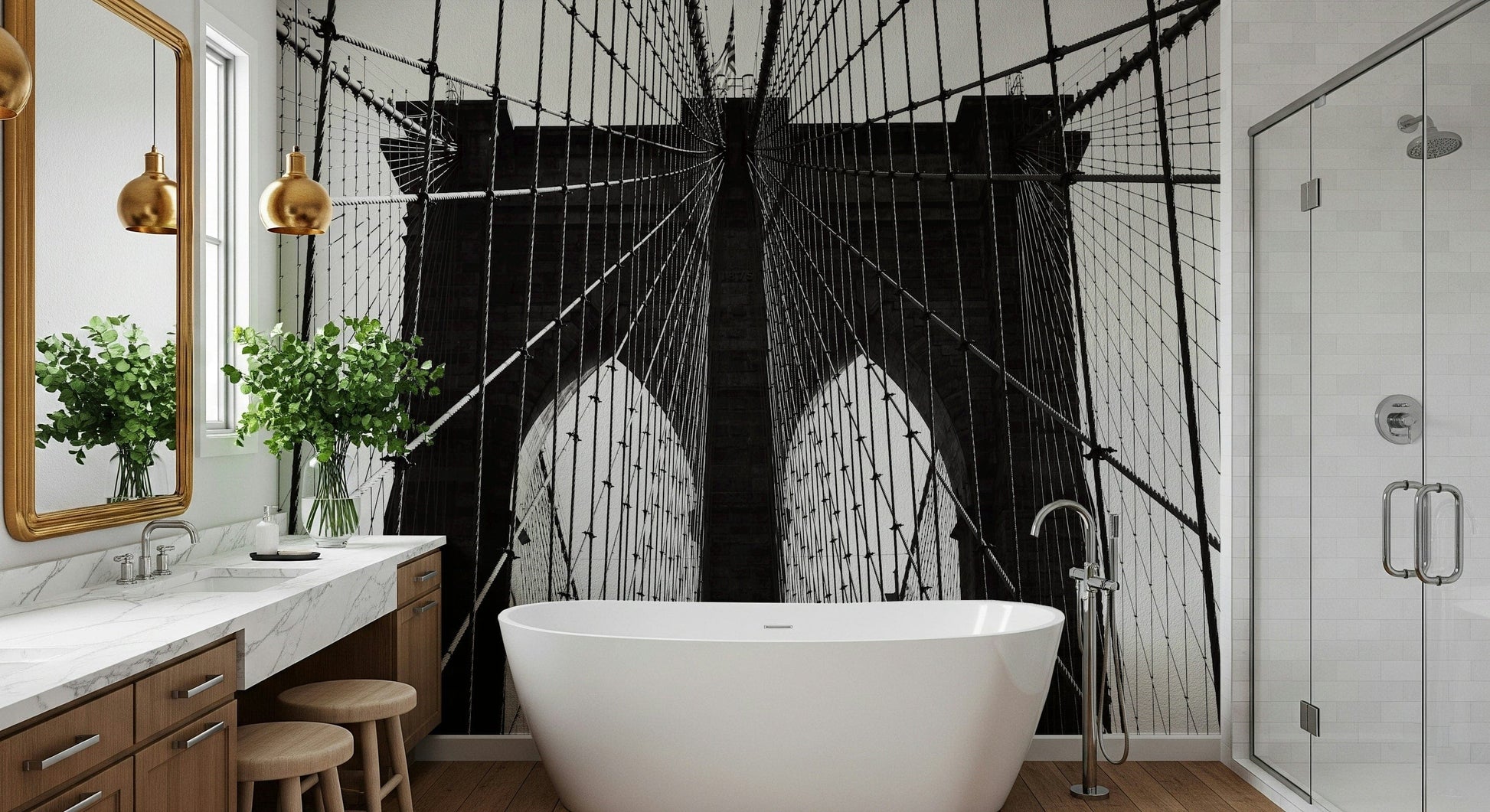 Bridge cable pattern mural in studio apartment, urban decor, neutral colour feature wall