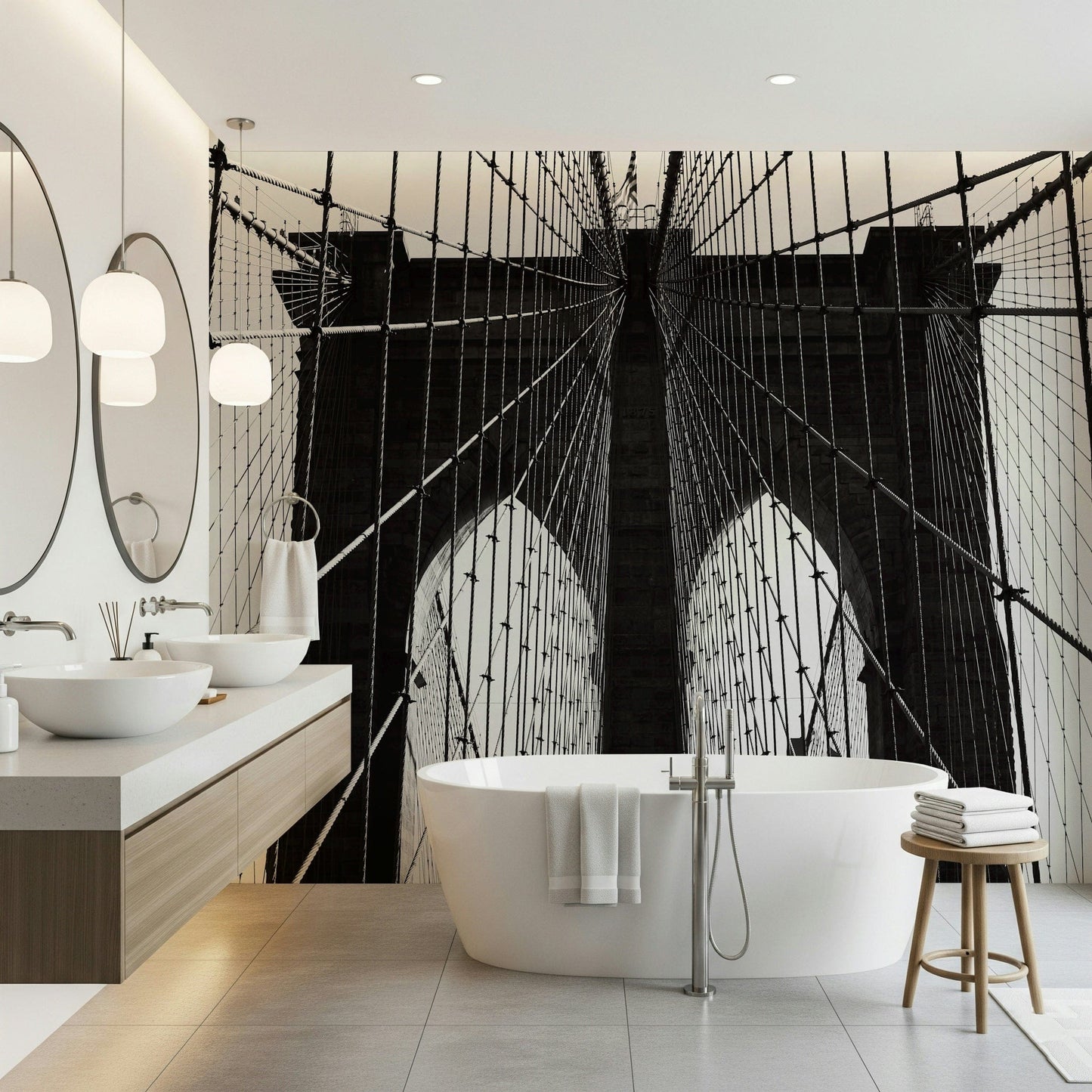 Bridge cable wall mural in home office, clean desk setup, monochrome colour wall backdrop