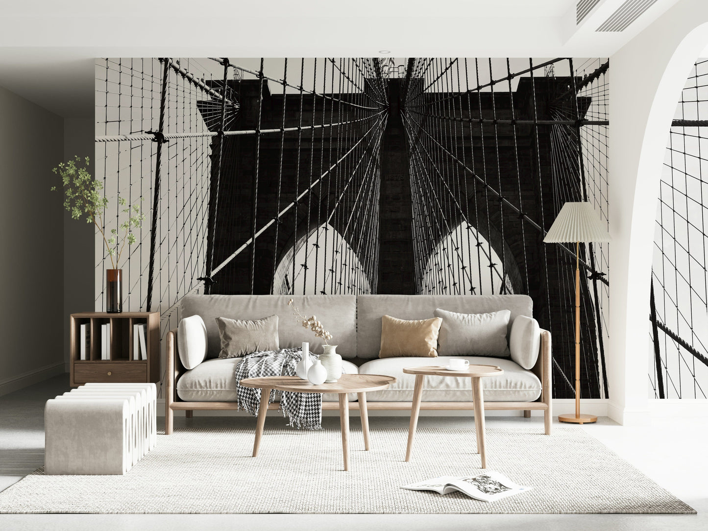 Architectural cable mural for office space, clean lines, modern neutral colours, feature wall