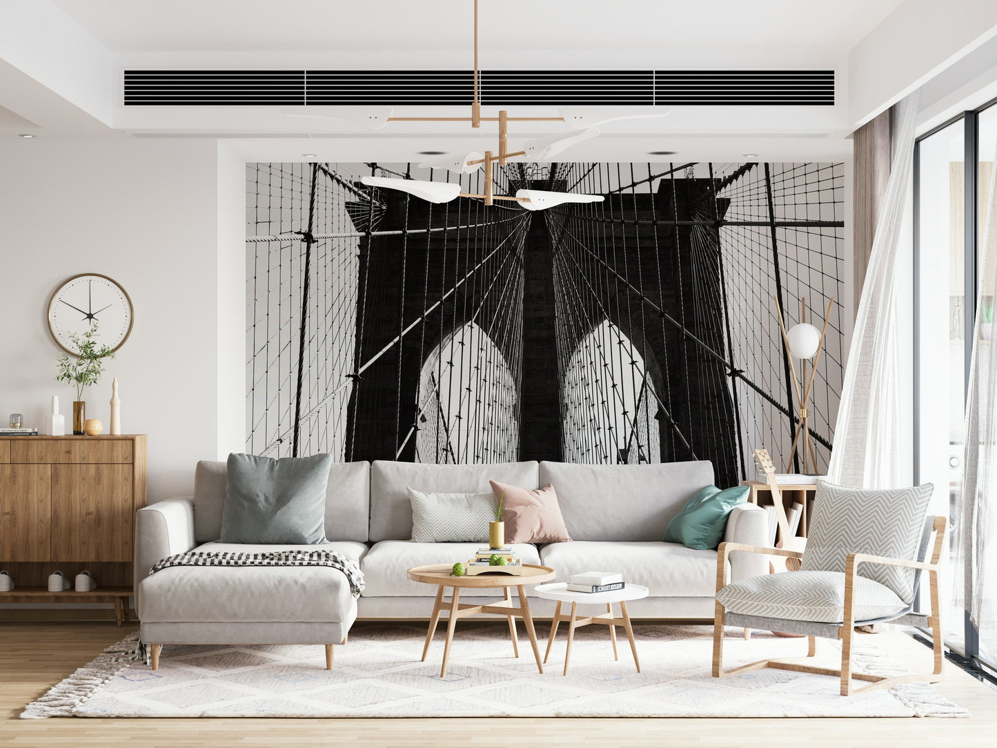 Brooklyn bridge cable mural in reading nook, cosy chair styling, grey-toned wall backdrop