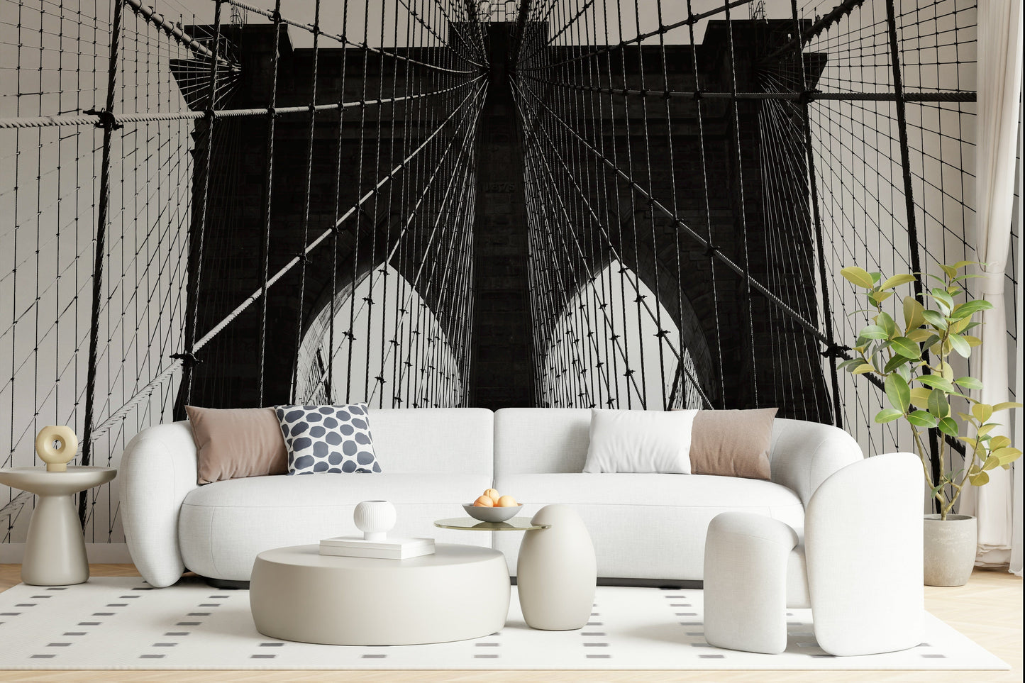 Brooklyn bridge-inspired mural in bedroom, soft grey tones, modern feature wall behind bed