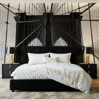 Industrial bridge cable mural in dining space, modern furniture, neutral colours, accent wall