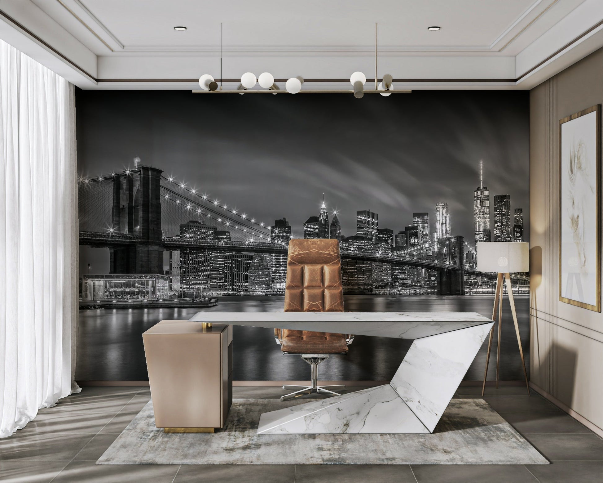 Cable detail of Brooklyn Bridge lit against New York skyline

