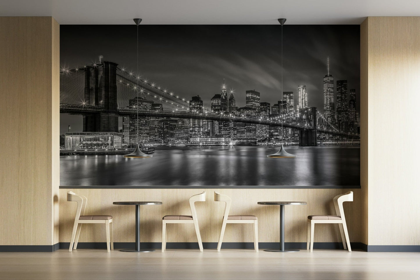 City skyline reflected under Brooklyn Bridge in mural wallpaper

