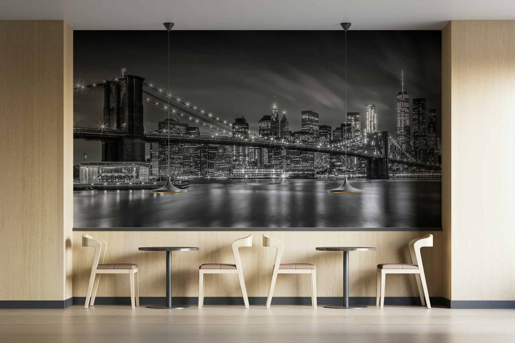 City skyline reflected under Brooklyn Bridge in mural wallpaper

