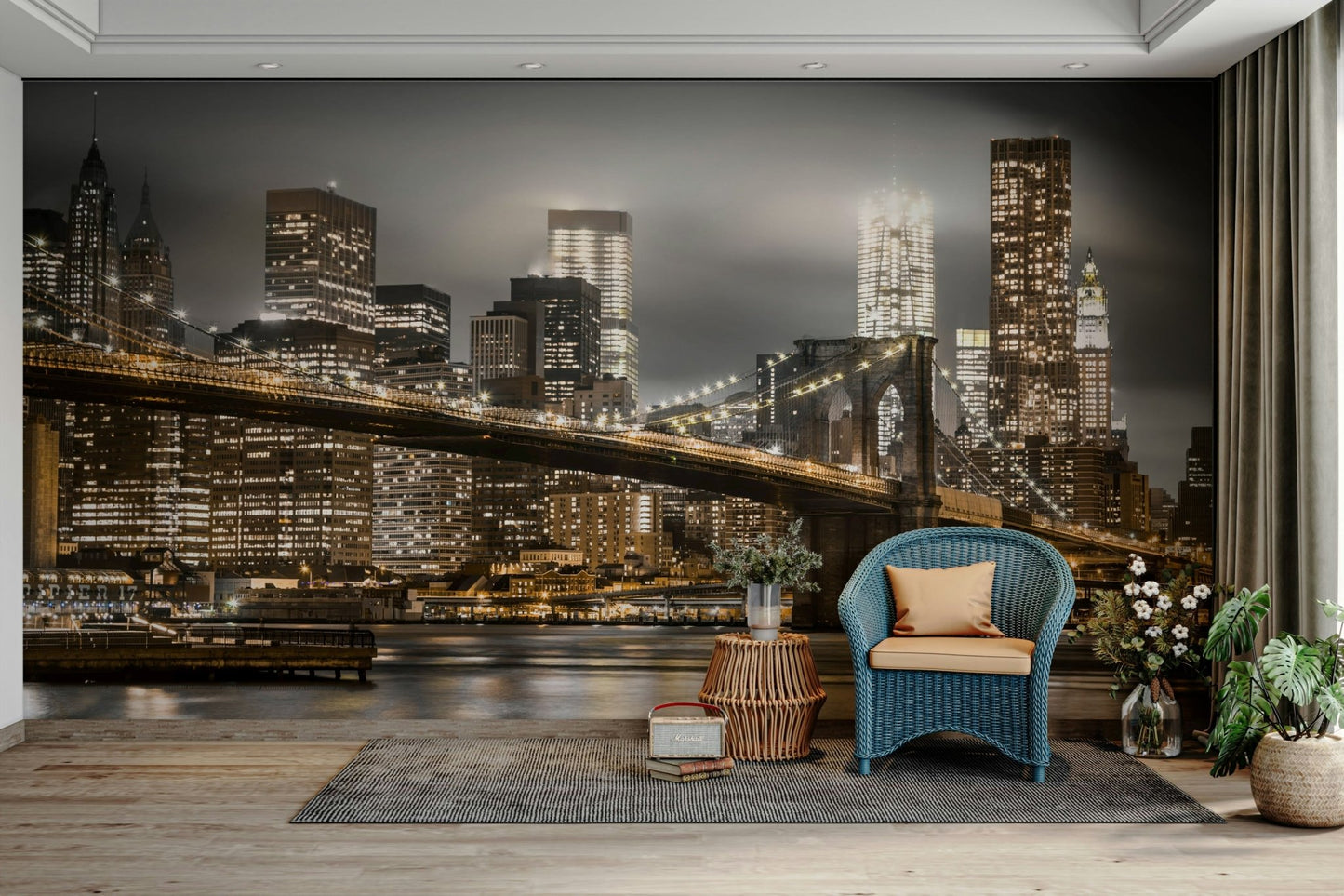 New York bridge wall mural in dark evening tones

