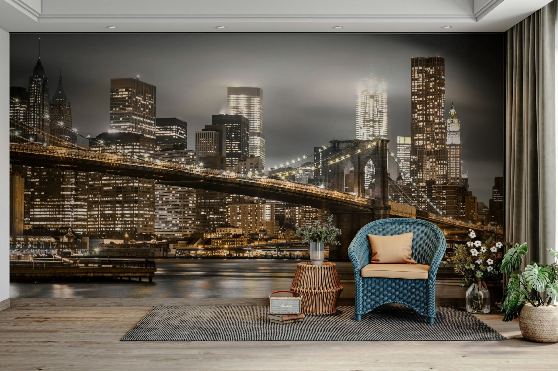 New York bridge wall mural in dark evening tones

