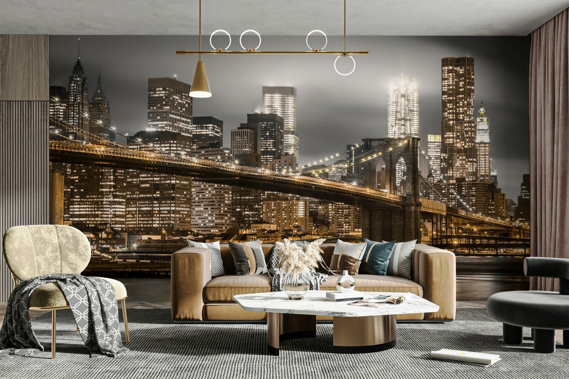 Urban nightscape mural with glowing bridge lights

