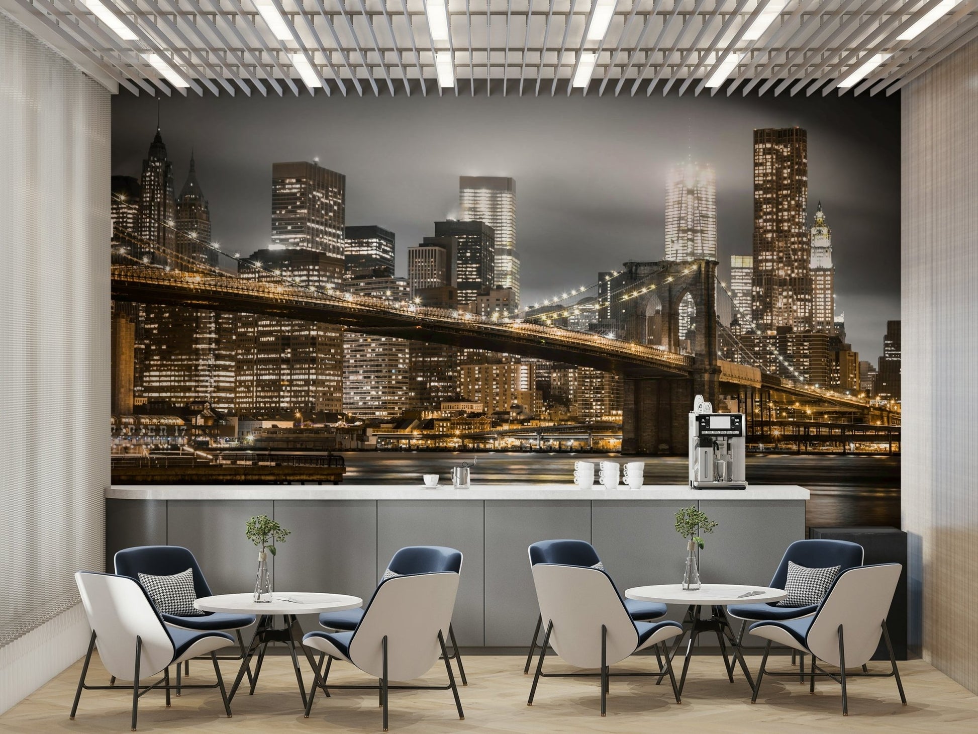 Moody night scene mural featuring Brooklyn Bridge

