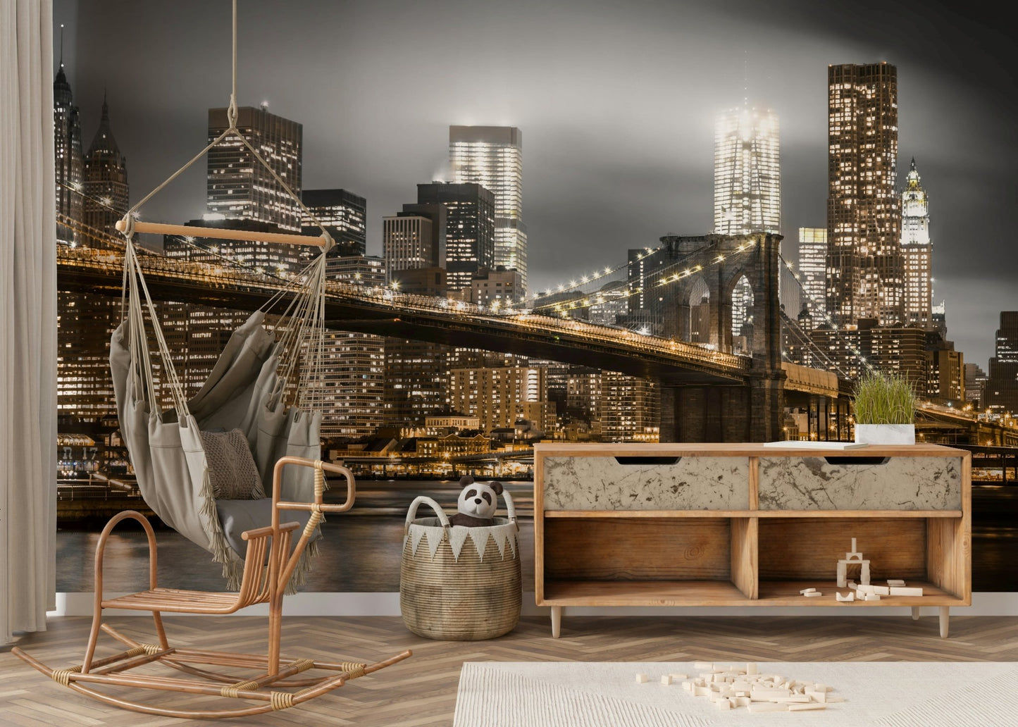 Monochrome night mural with hints of golden city lights

