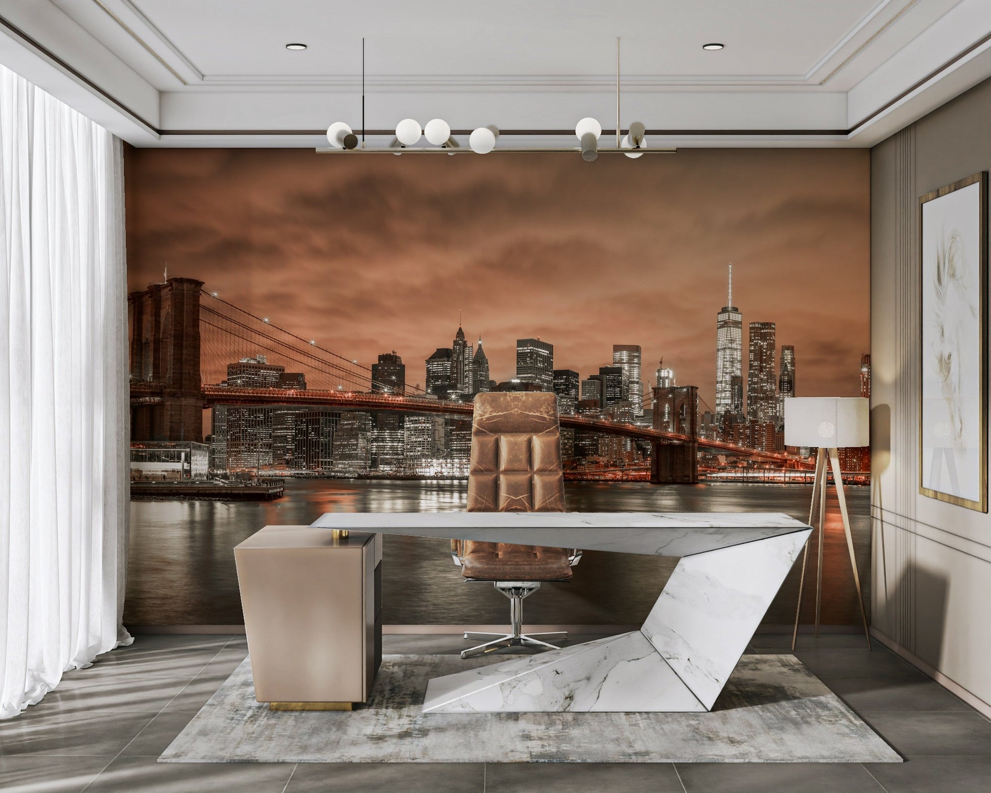 Iconic Brooklyn Bridge with lights
