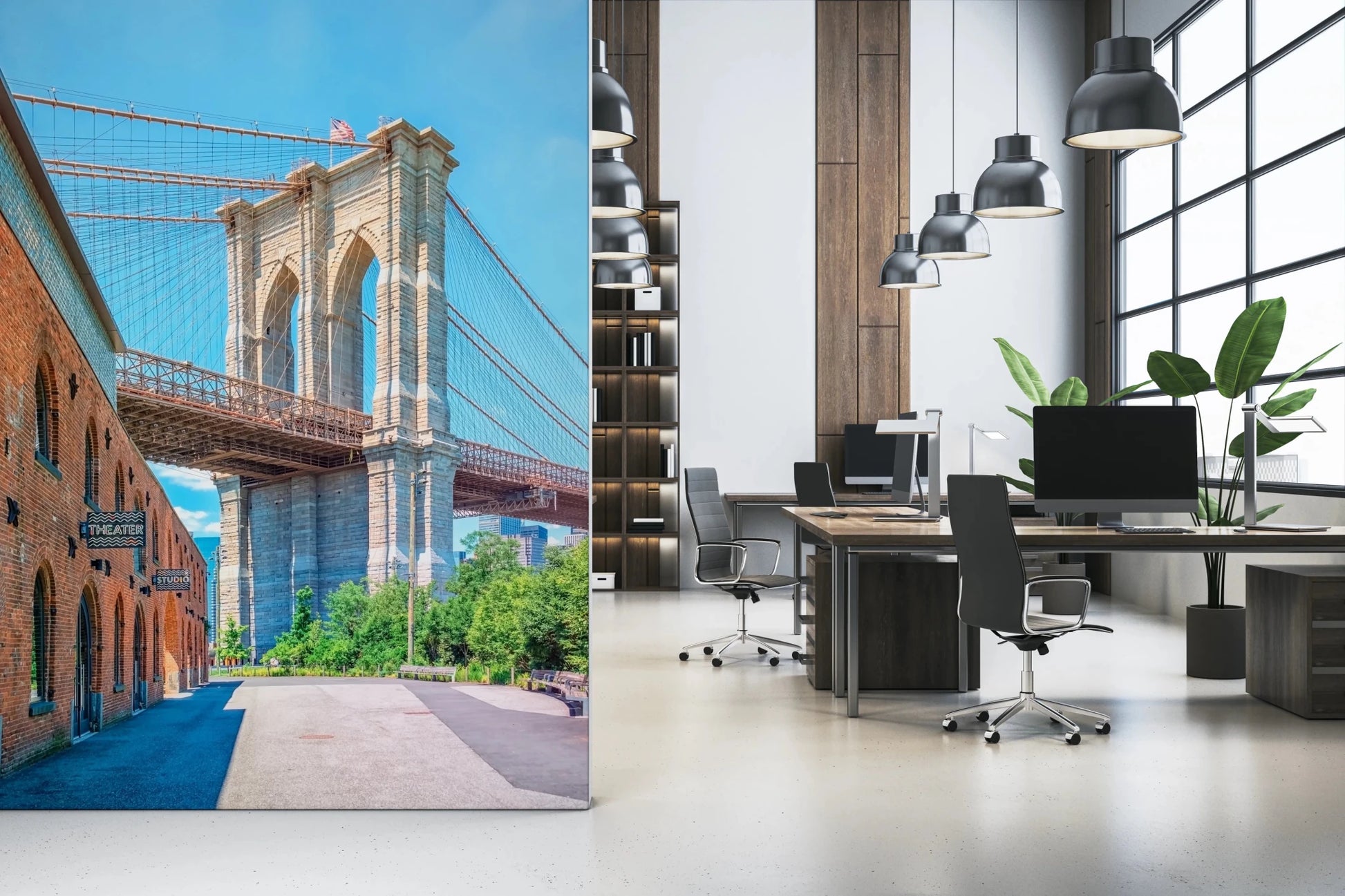 Brooklyn Bridge Vista wallpaper mural of the bridge and brick building beside grey desks and chairs in a home office