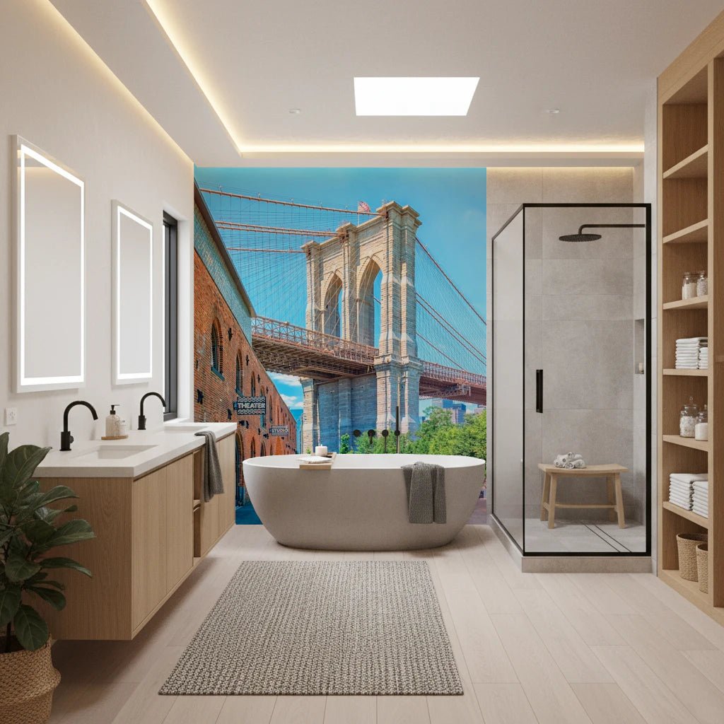 Brooklyn Bridge Vista wallpaper mural of the bridge tower beside a freestanding tub and wood vanity in a bathroom