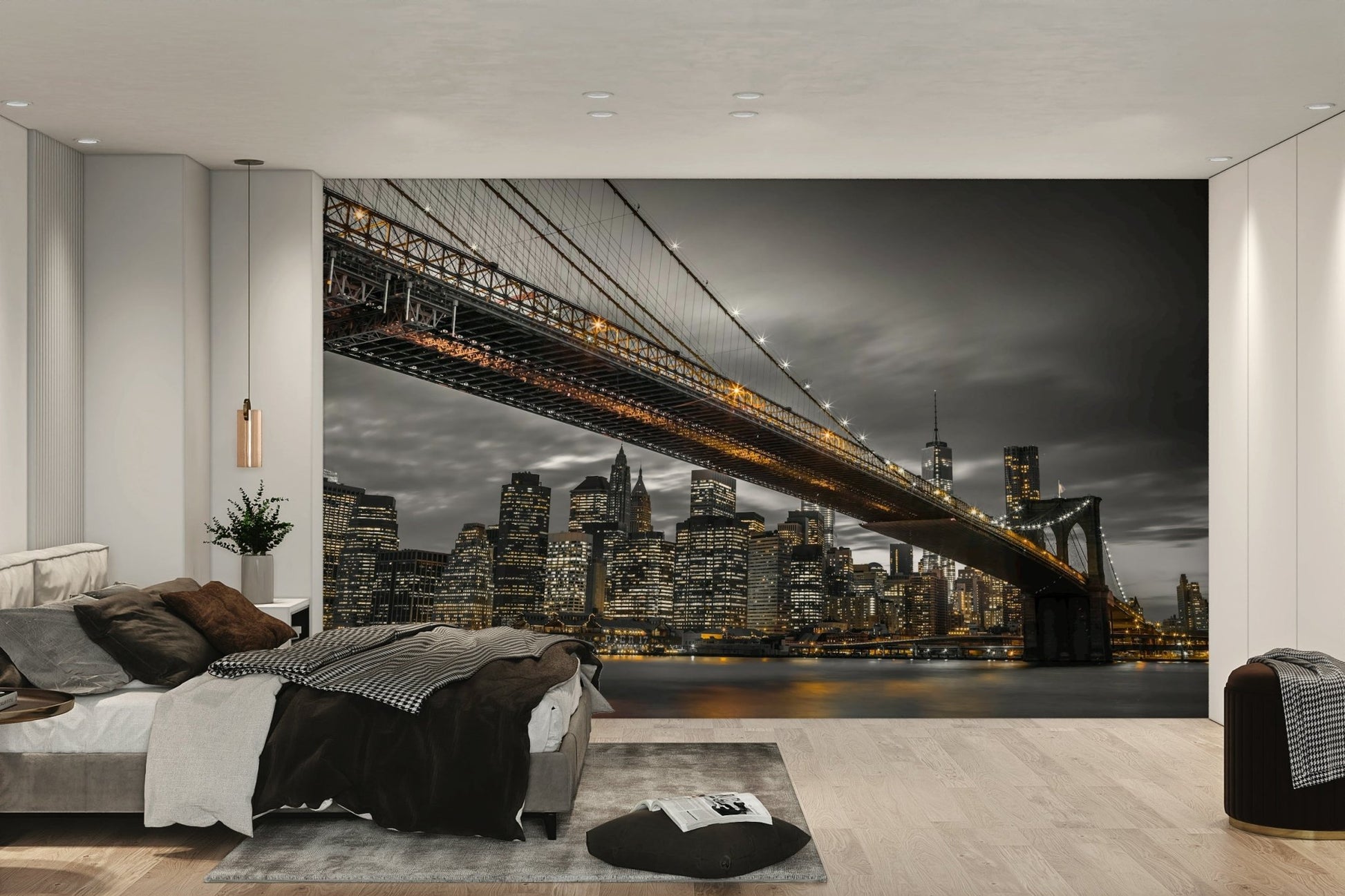 Manhattan cityscape mural with illuminated bridge

