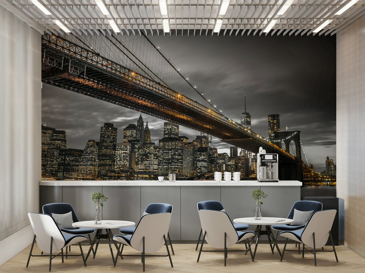 Urban wall mural of bridge and New York skyscrapers

