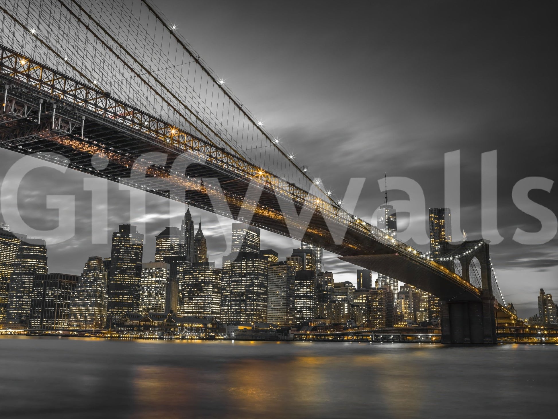 Architectural NYC mural with Brooklyn Bridge detail

