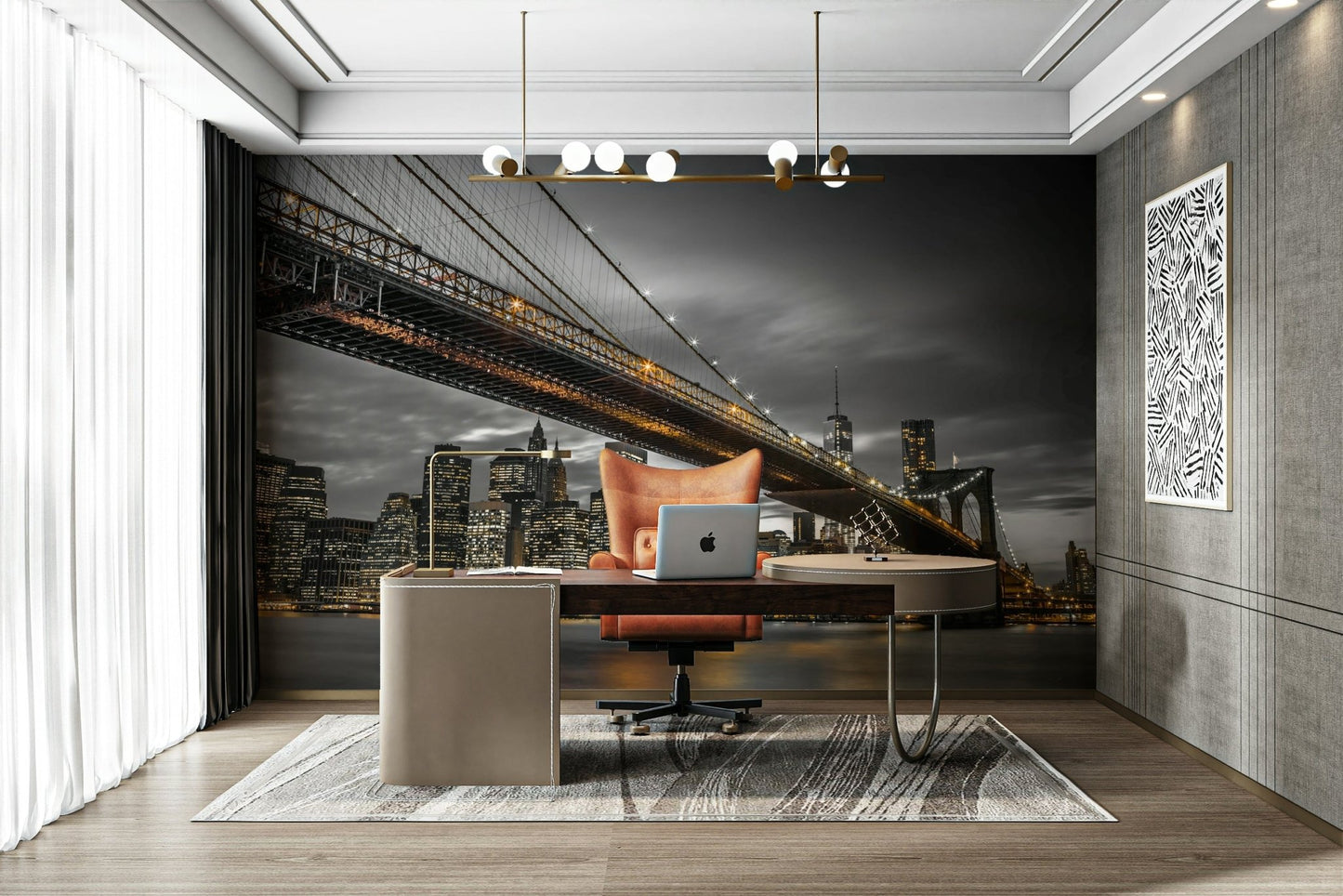 Dramatic bridge mural featuring lit-up New York skyline

