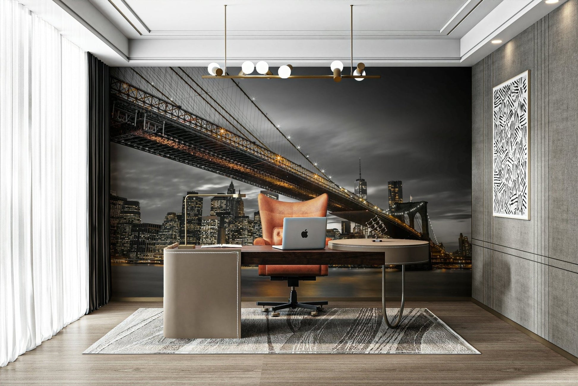 Dramatic bridge mural featuring lit-up New York skyline

