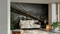 NYC skyline mural with Brooklyn Bridge at dusk

