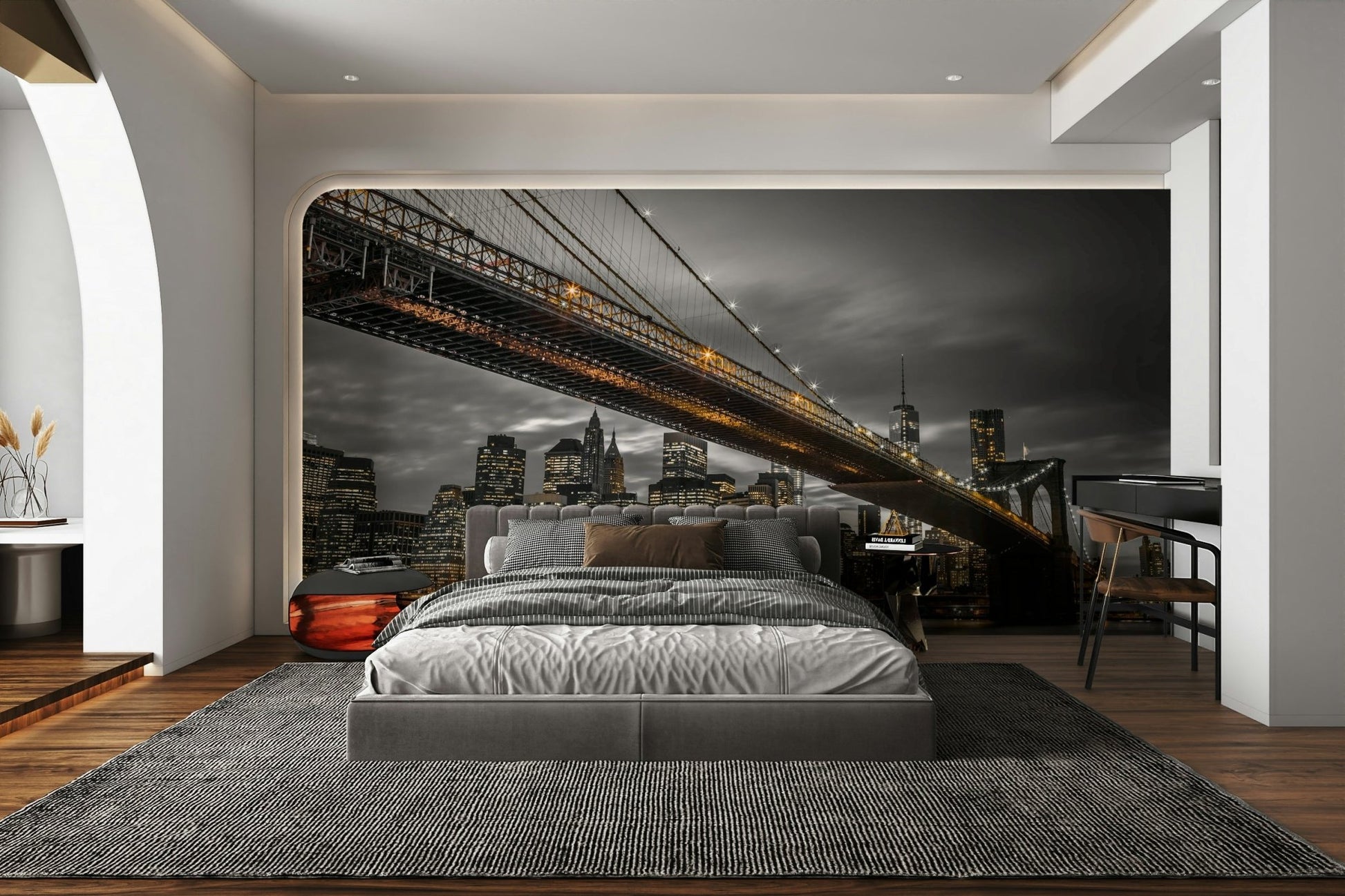 New York night mural with bridge and glowing city

