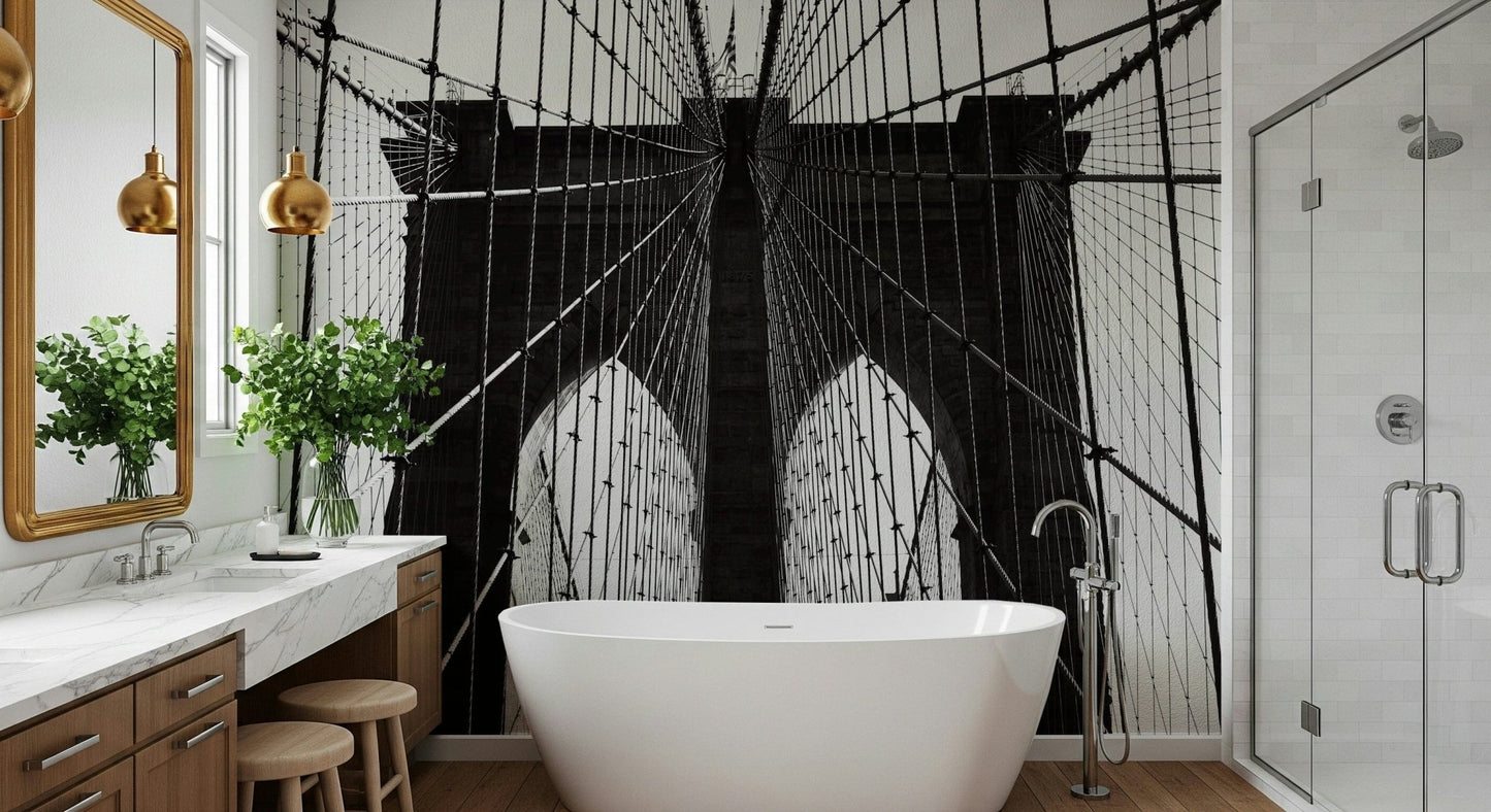 Bridge cable pattern mural in studio apartment, urban decor, neutral colour feature wall