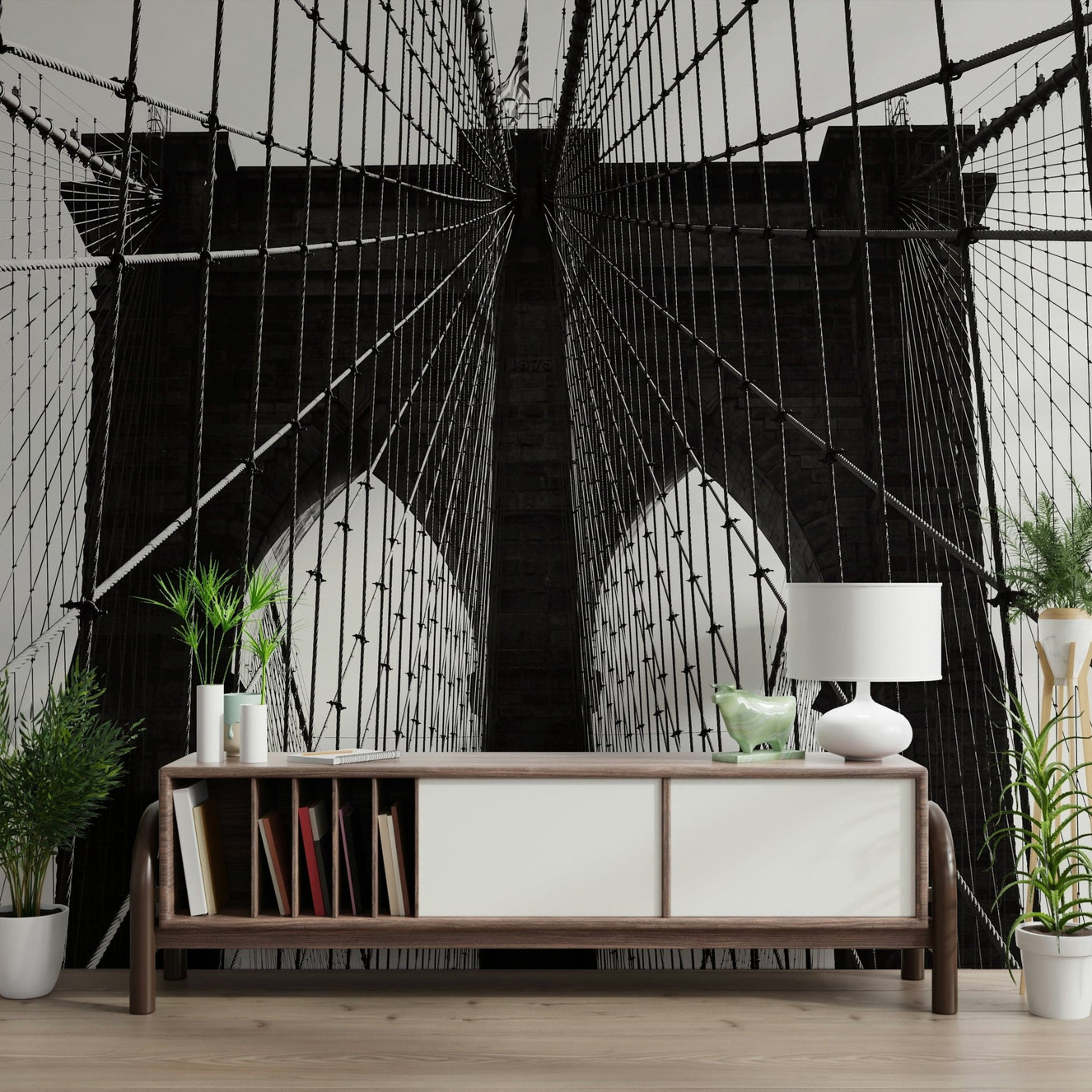 Brooklyn bridge cable wall mural in modern living space wallpaper.