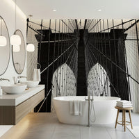 Bridge cable wall mural in home office, clean desk setup, monochrome colour wall backdrop