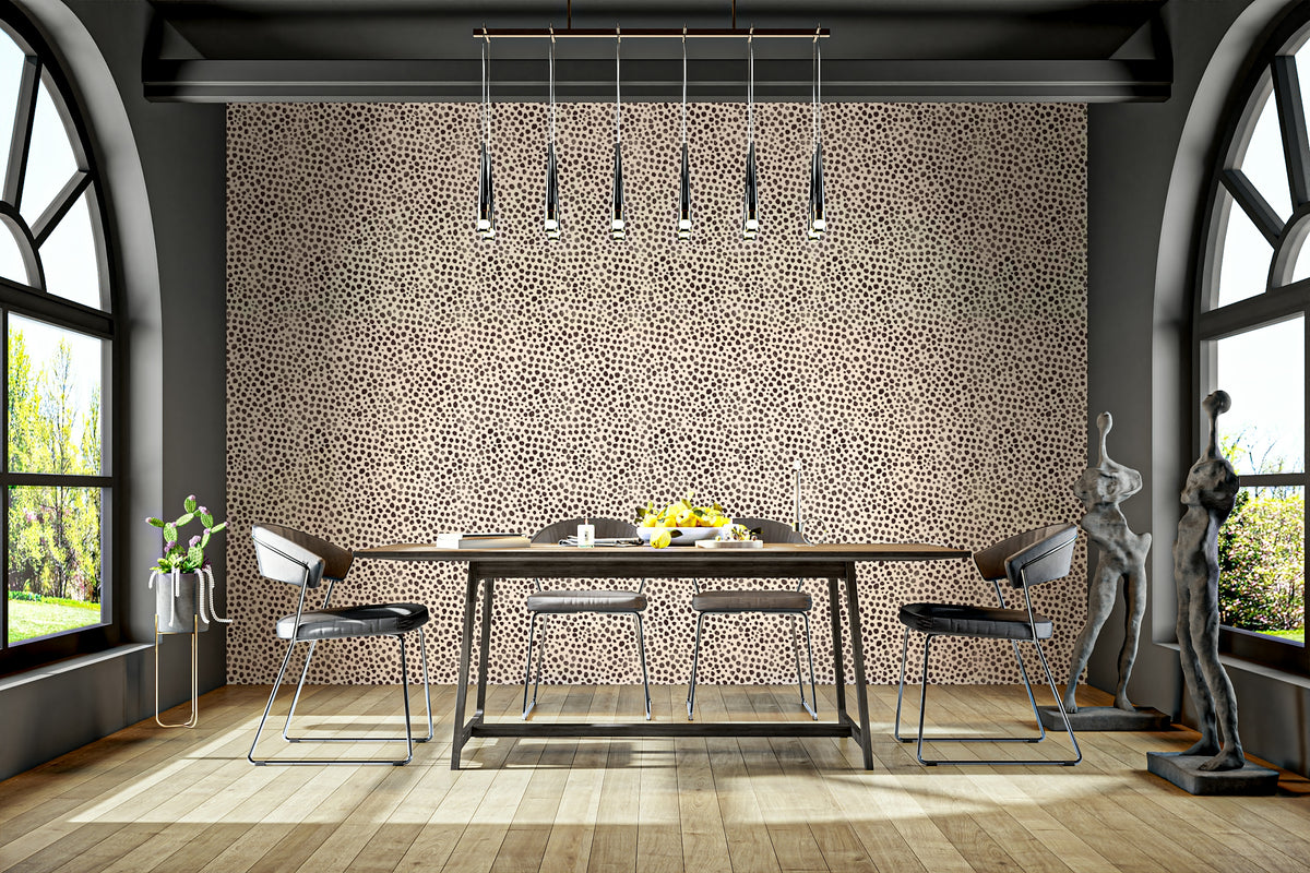 Brown Animal Dot Jewel Jungle wallpaper in a dining room with a wooden table, arched windows and figure sculptures