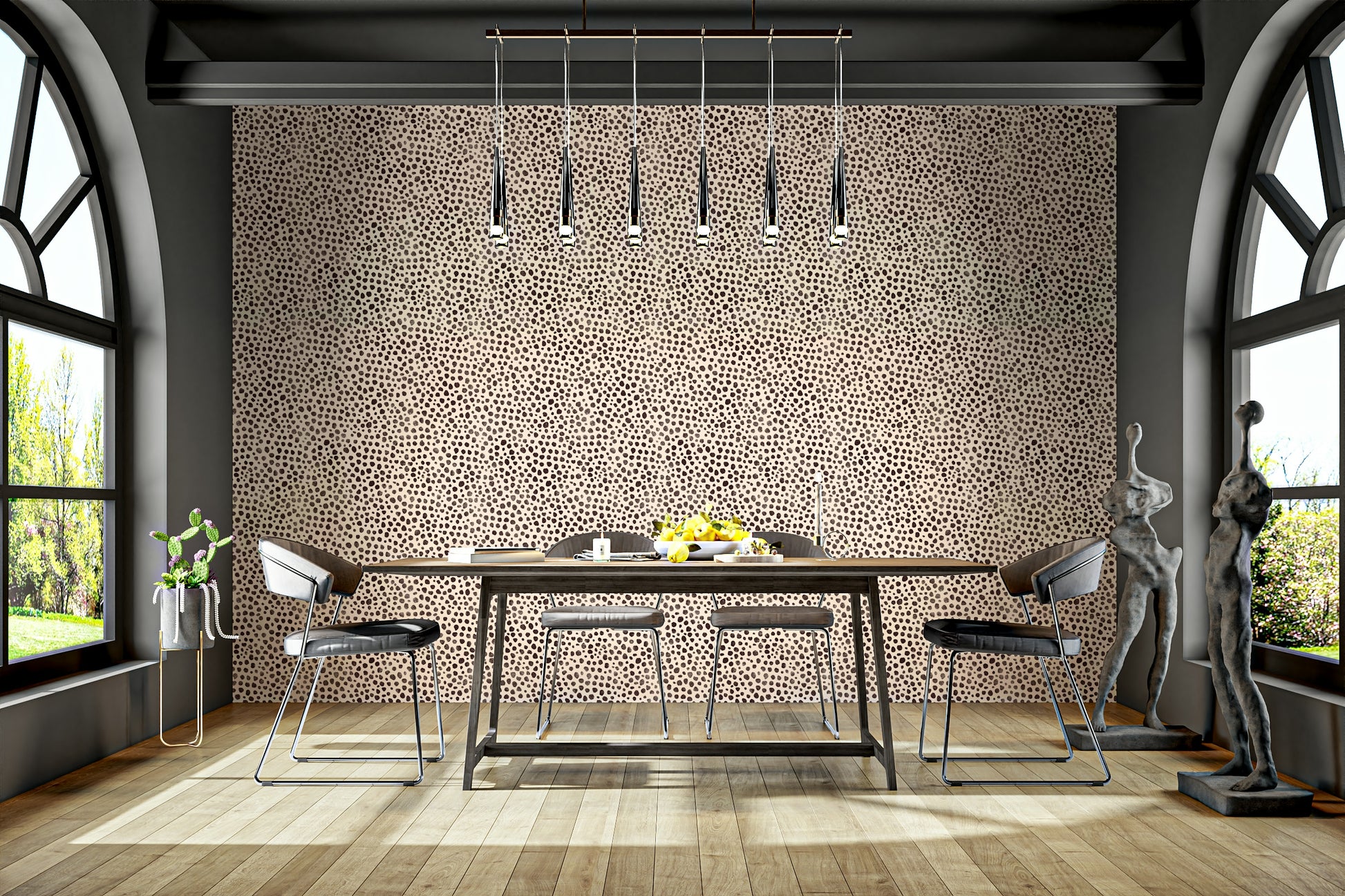 Brown Animal Dot Jewel Jungle wallpaper in a dining room with a wooden table, arched windows and figure sculptures