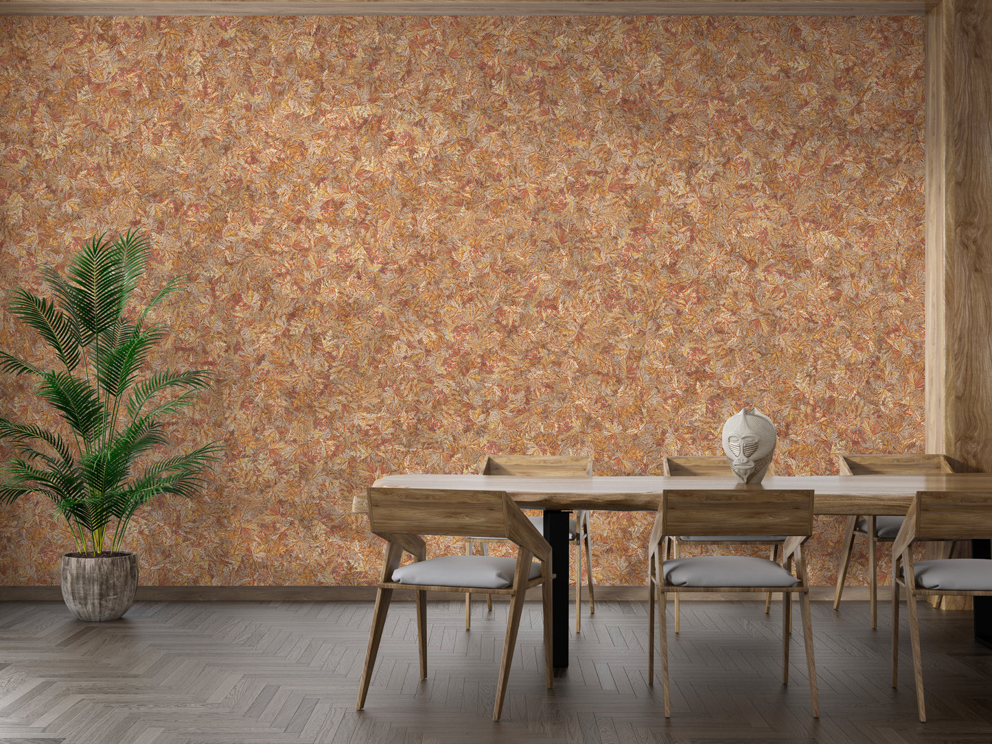 Brown Color Autumn Leaves wallpaper mural in orange behind a wooden dining table and chairs with a potted palm
