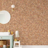 Brown Color Autumn Leaves wallpaper mural in rust tones above a mint vanity in a kids bathroom