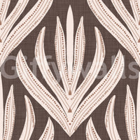 Decorative wallpaper featuring cream and terracotta leaf illustrations on a natural brown background.