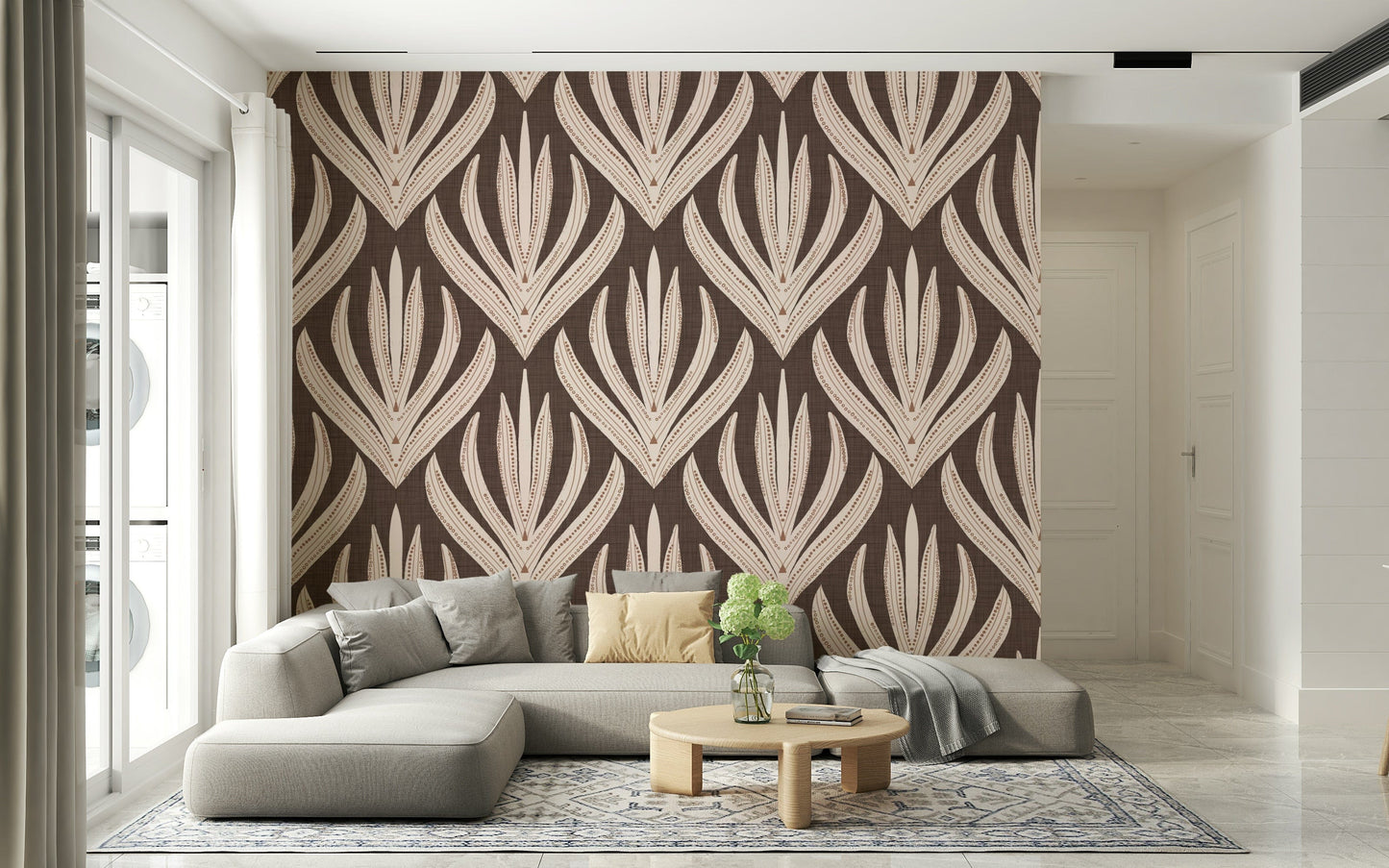 Boho Leaf Symmetry wallpaper with large, repeating leaf shapes forming a rhythmic geometric pattern.