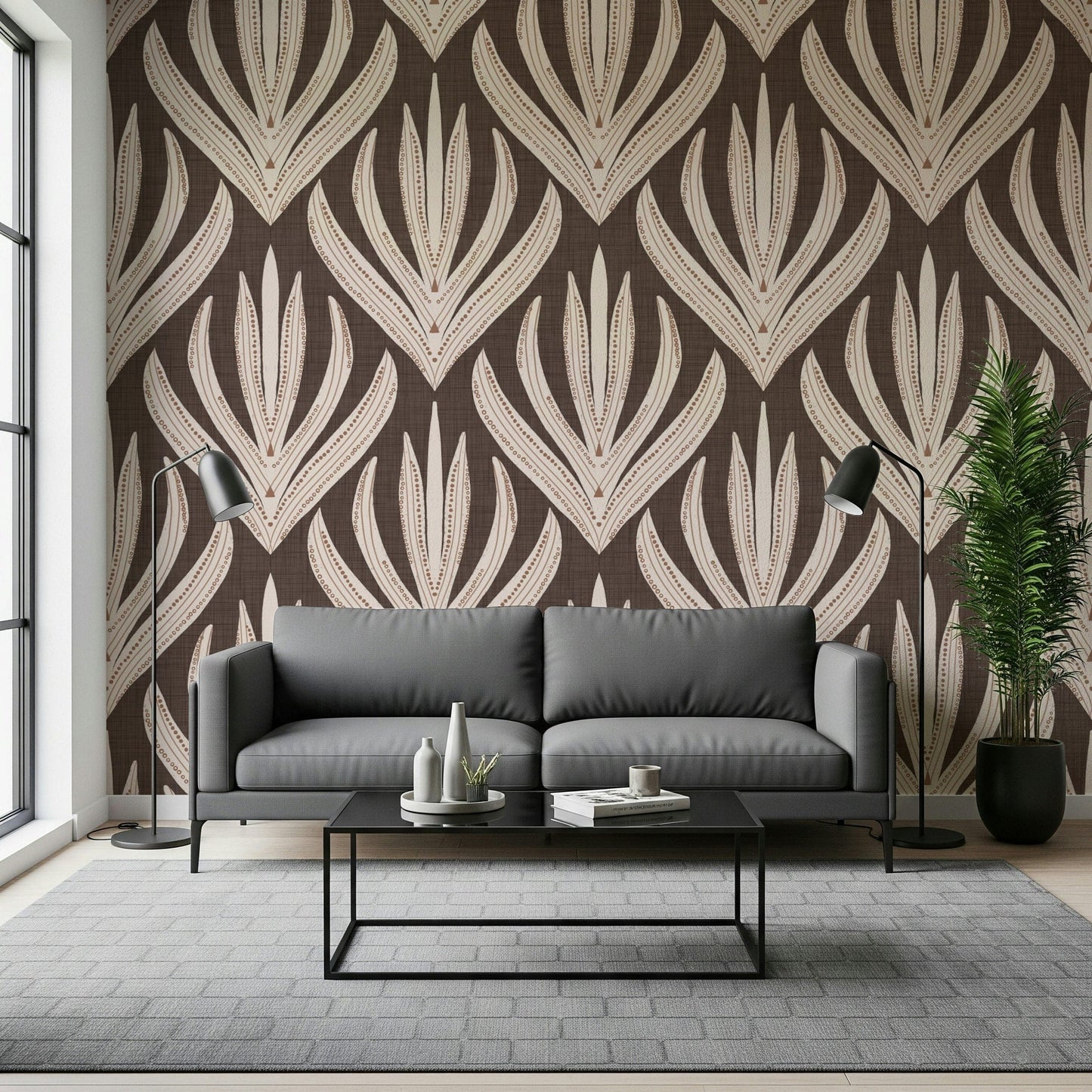 Boho Leaf Symmetry wallpaper mural with ornate leaf clusters and fine decorative markings.