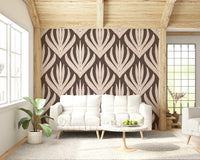 Patterned wallpaper featuring symmetrical boho leaves arranged in a vertical repeating formation.