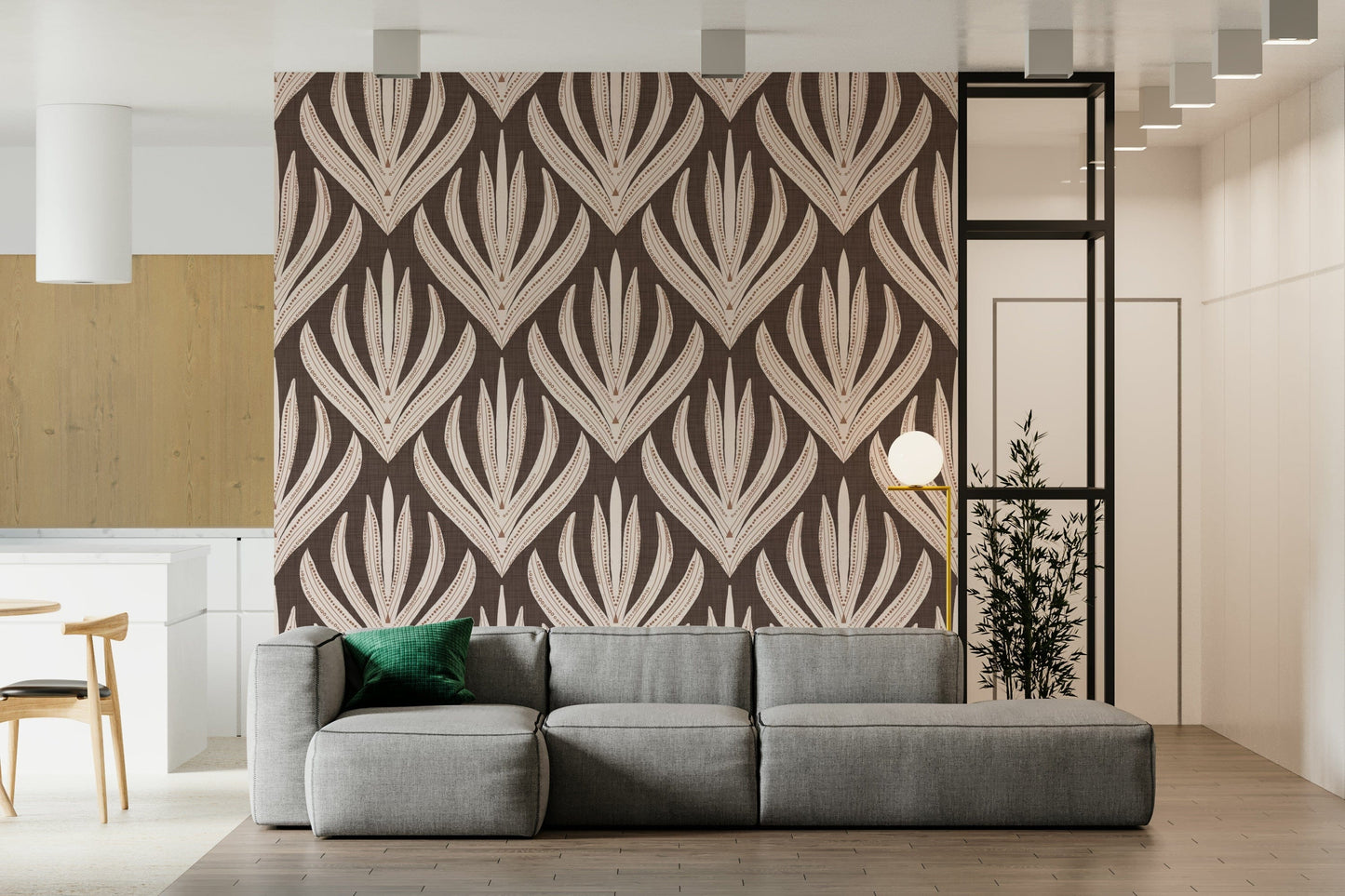 Symmetrical bohemian wallpaper mural with large decorative leaf patterns arranged in a repeating layout.