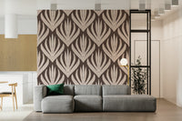Symmetrical bohemian wallpaper mural with large decorative leaf patterns arranged in a repeating layout.