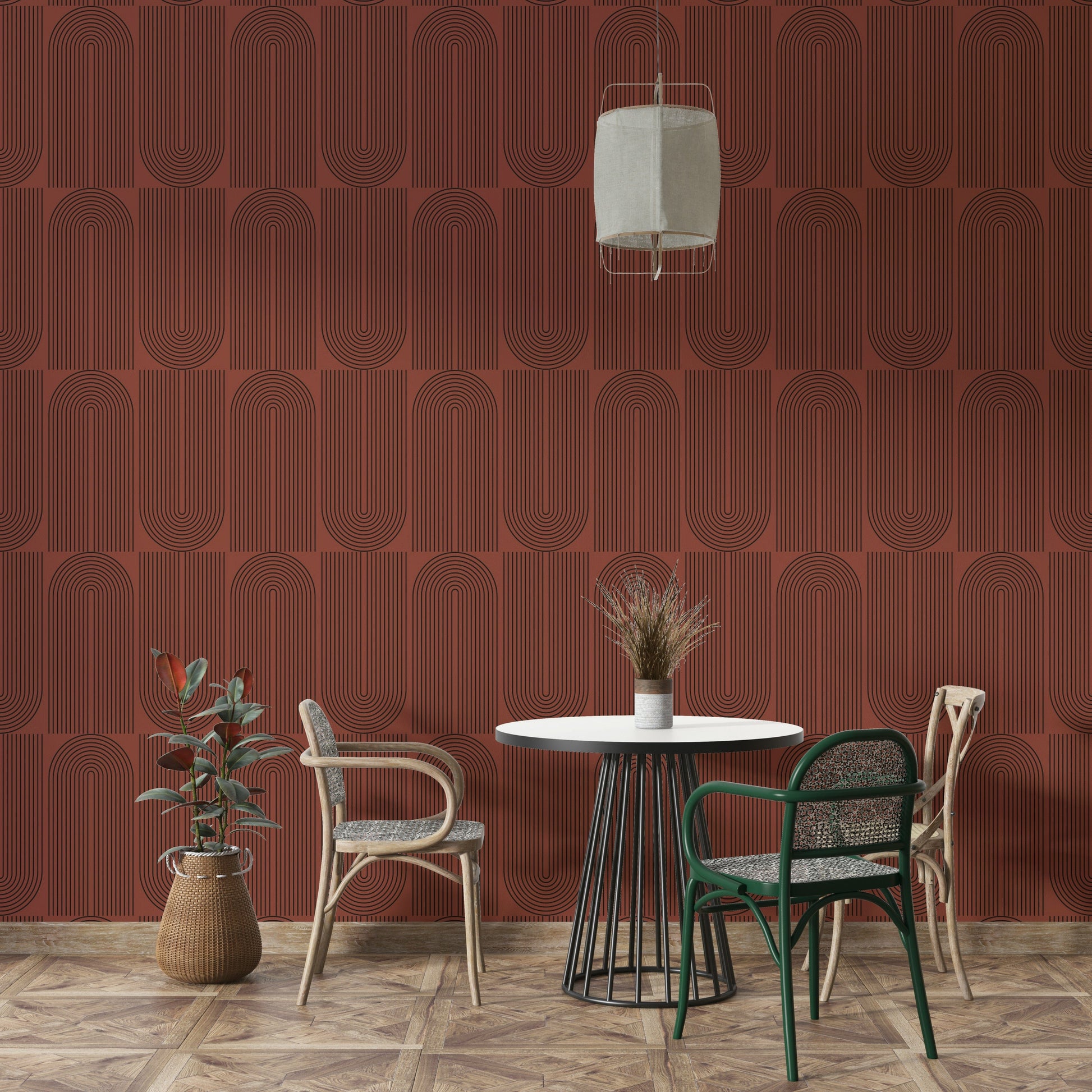 Brown Geometric Outlined Wallpaper on a living room wall

