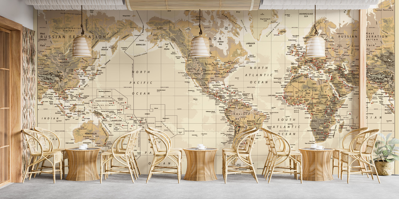 Earthy vintage world map mural wallpaper
