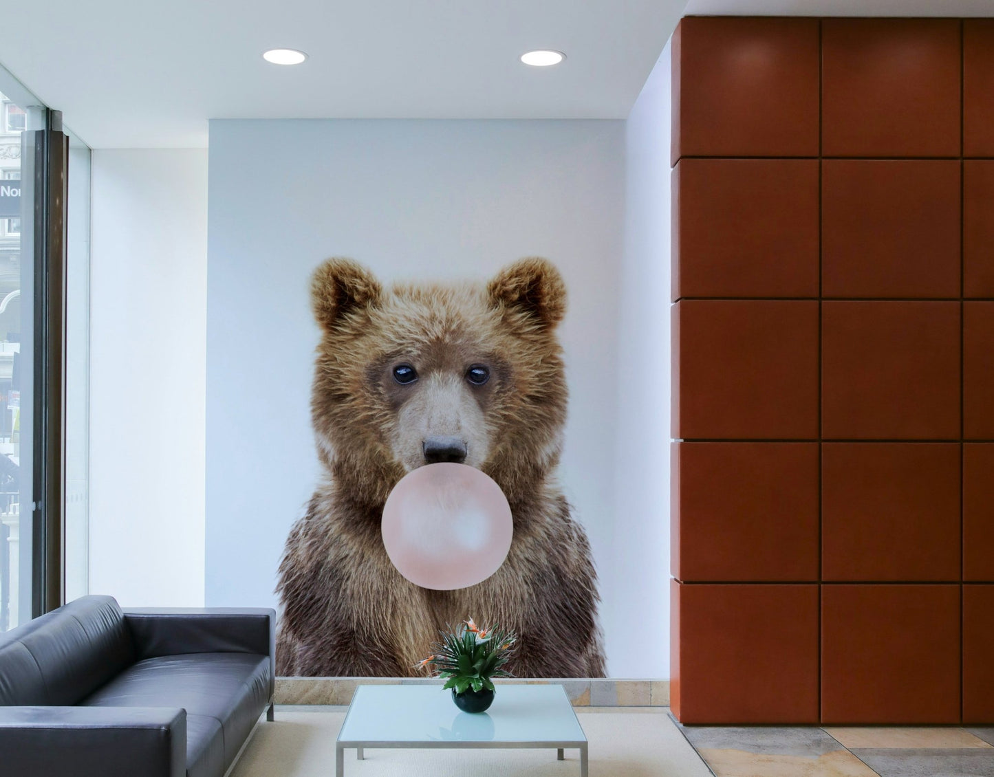 Fun kids' room mural featuring a bear and colorful bubbles.

