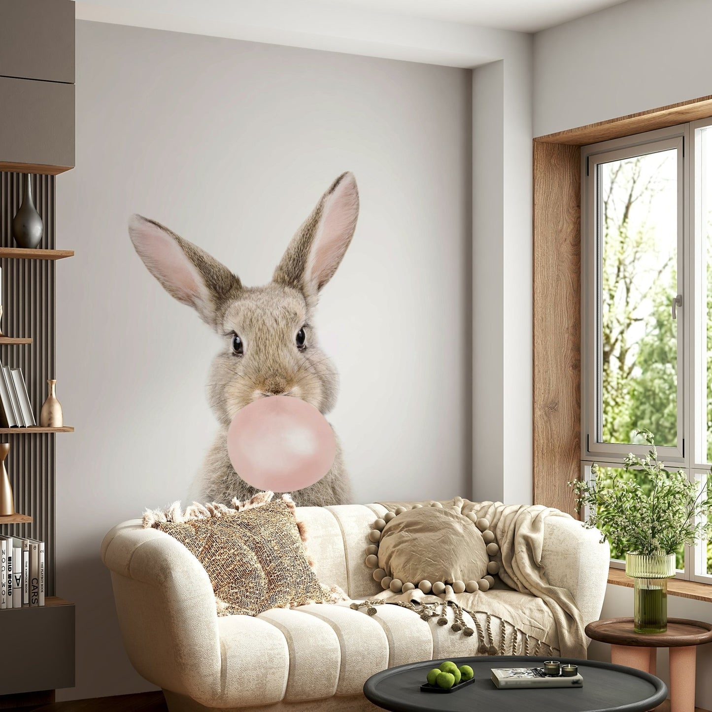 Colorful and whimsical Bubble Gum Bunny mural for a joyful space.

