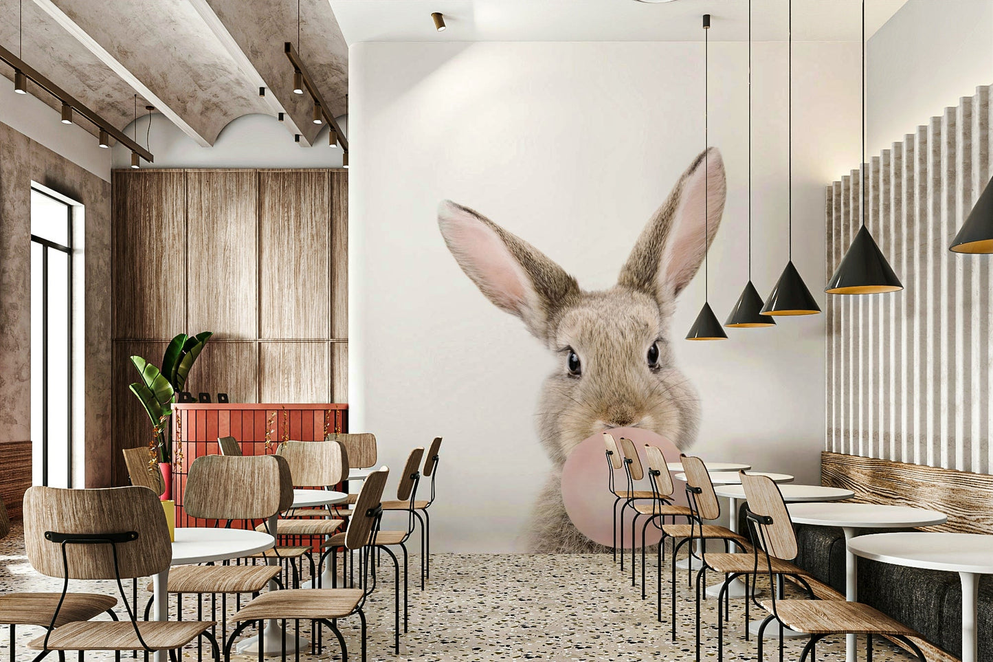 Playful kids' room mural with bunny and bubble designs.

