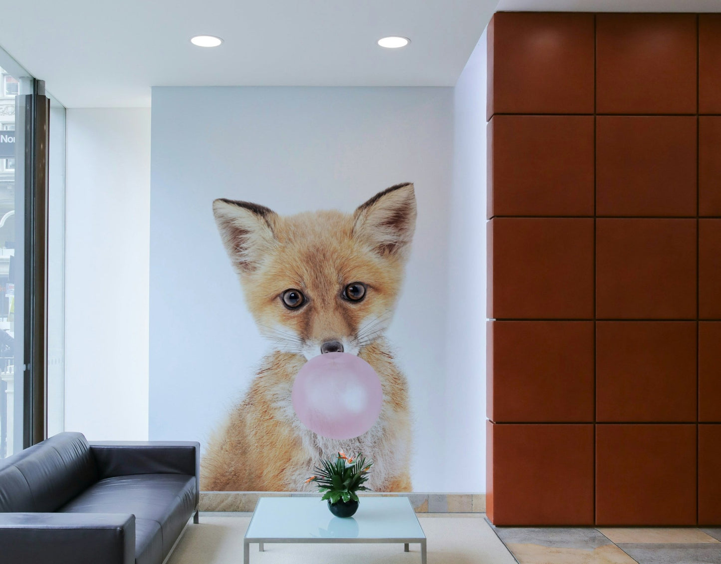 Cartoon fox wall mural with bubble gum in forest setting

