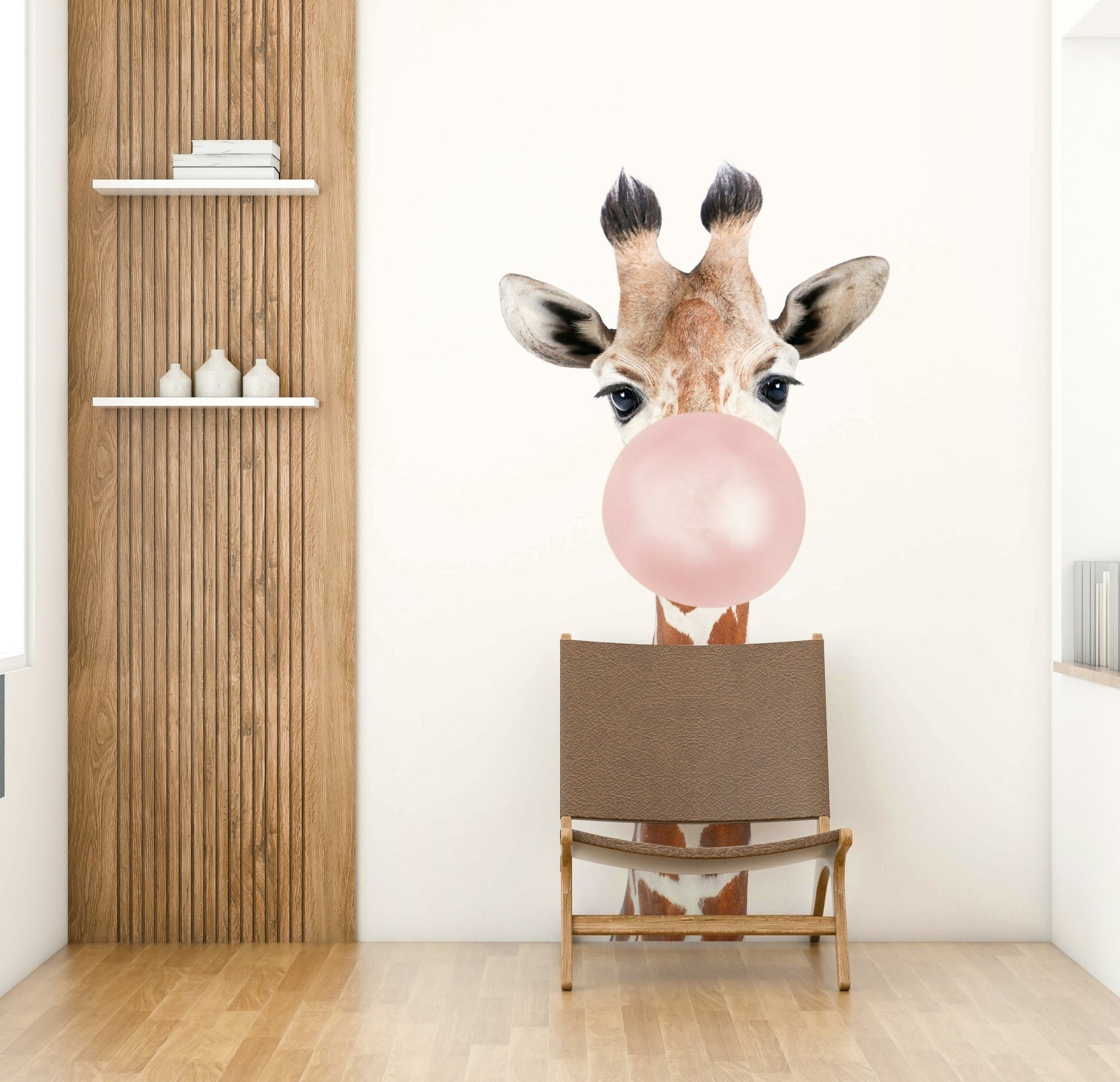 Playful bubble gum giraffe mural adding joy to your space.


